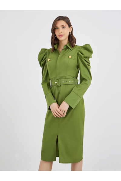 Take Two By Styli Solid Puff Sleeve Buttoned Belted Knee Length Dress