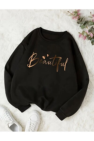 caddekombin Όμορφο μαύρο φούτερ με στάμπα με λαιμόκοψη