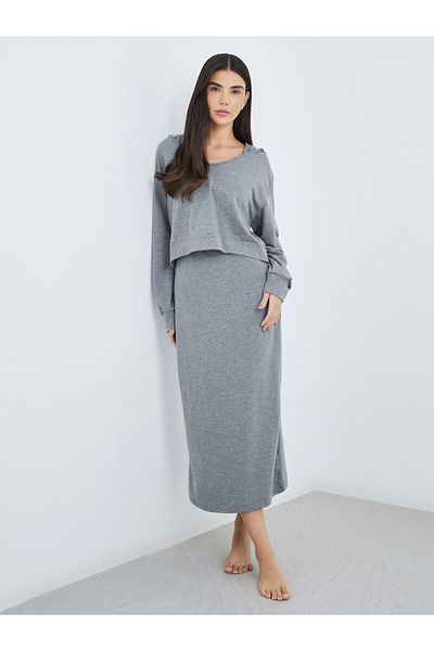 Take Two By Styli Women Grey Solid Hooded Sweatshirt and Midi Sheath Dress Co-Ords