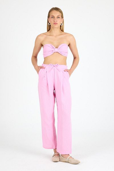 Polo State Women's High Waist Linen Fabric Trousers Pink