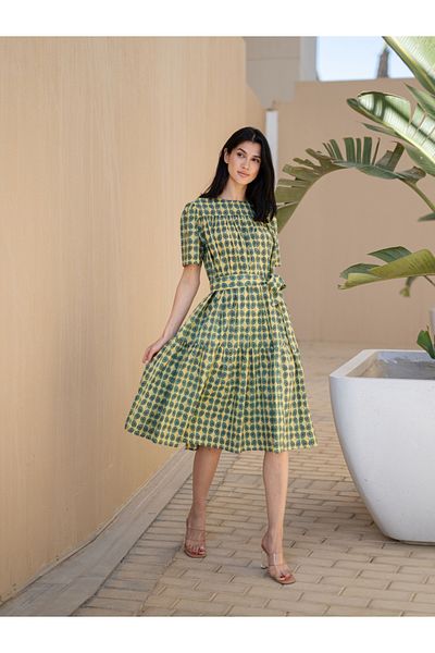 Sanskrutihomes By Styli All-Over Print Tiered A-Line Knee Length Dress
