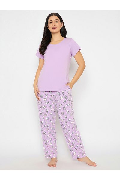 Clovia By Styli Solid Round Neck T-Shirt and Printed Pyjama Set