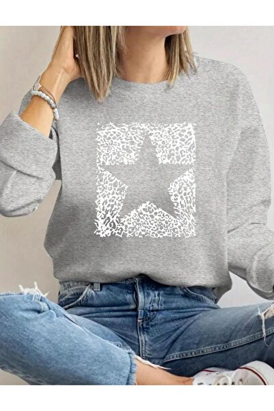 caddekombin Γκρι φούτερ με λαιμόκοψη με στάμπα White Star