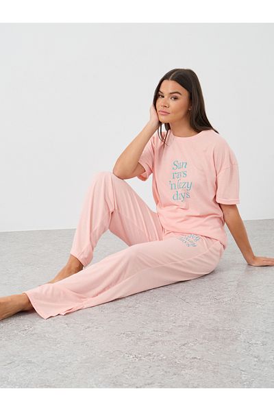 Styli Slogan Print Round Neck T-Shirt and Pyjama Set