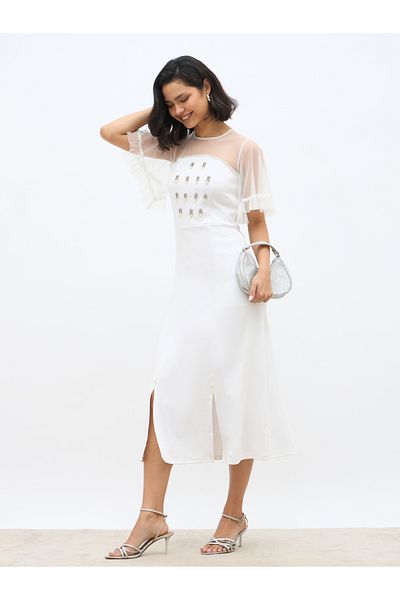 Styli Embellished Mesh Insert A-Line Midi Dress