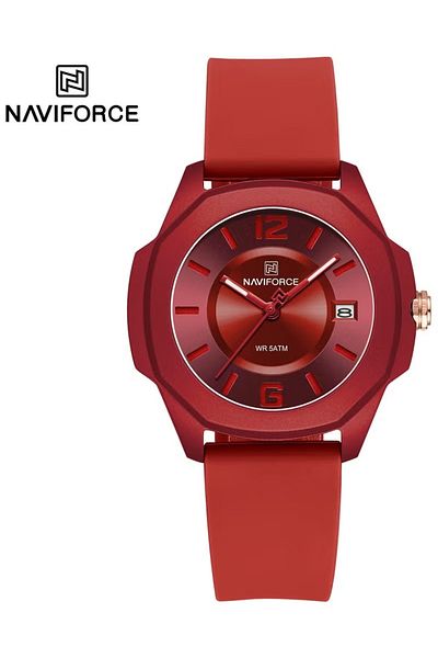 Naviforce Red Analog Watch for Men and Women Stylish Round Dial Wristwatch with Silicone Strap Date Display