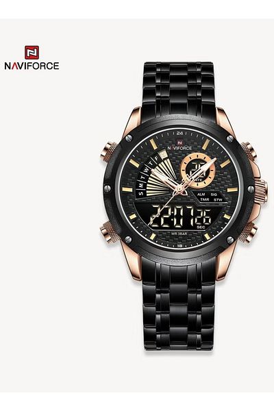 Naviforce Black and Rose Gold Stainless Steel Mens Watch Digital Analog Quartz Waterproof