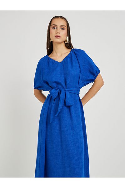 Styli Solid Puff Sleeve V-Neck Midi Dress