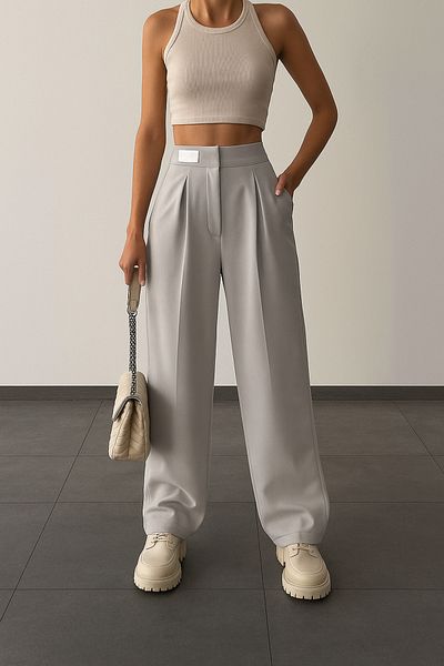 owwon Women's Waist Detailed Gray Palazzo Trousers with Elastic Waist