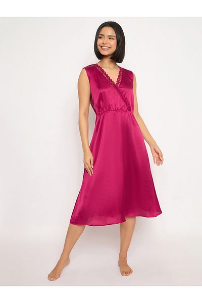 Clovia By Styli Solid Lace Detail Open Back Satin Nightdress