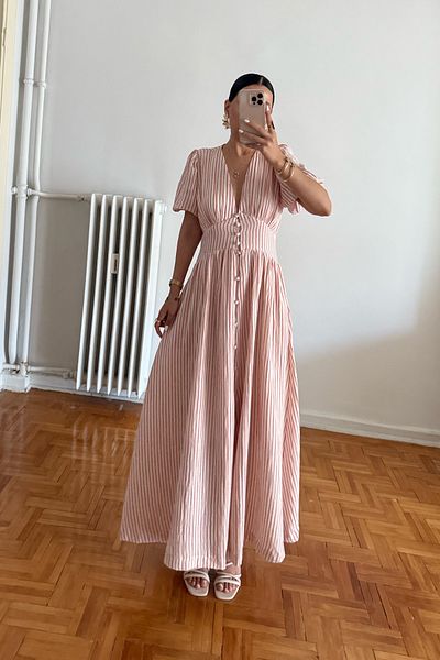 Seda Yalçın Atelier Red Striped Linen Maxi Dress