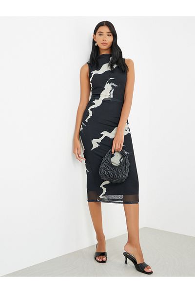 Take Two By Styli Printed Sleeveless Ruched Detail Bodycon Midi Dress