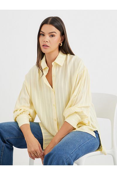 Styli Striped Balloon Sleeve Spread Collar Shirt