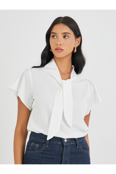 Take Two By Styli Solid Tie Up Neck Short Sleeve Blouse