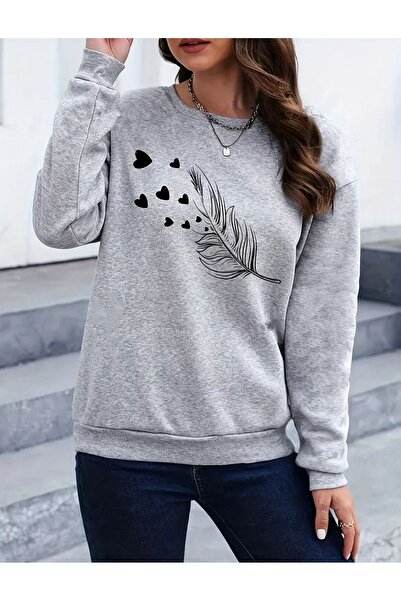 caddekombin Світшот з коміром-стійкою, сірий, з принтом «Пташине пір'я»