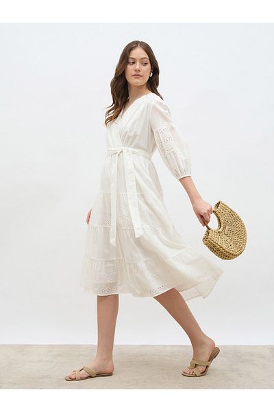 Styli Schiffli Wrap Balloon Sleeve Midi Dress