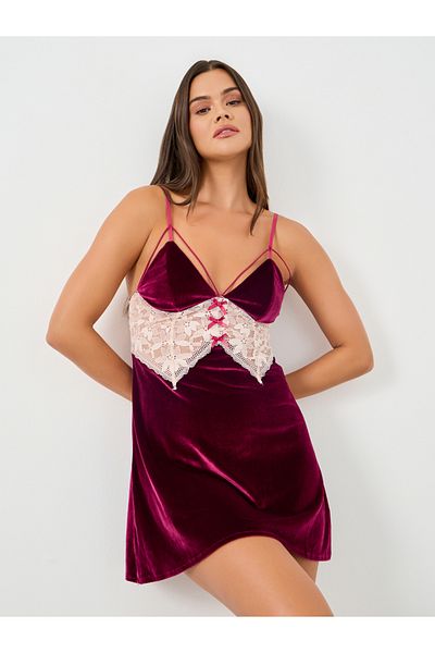 Styli Velour Apex Strap Lace Panel Babydoll with Briefs