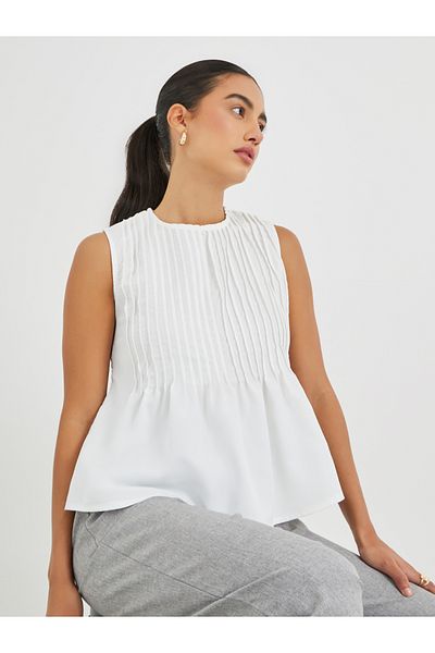 Styli Pleated Peplum Ruffled Hem Top