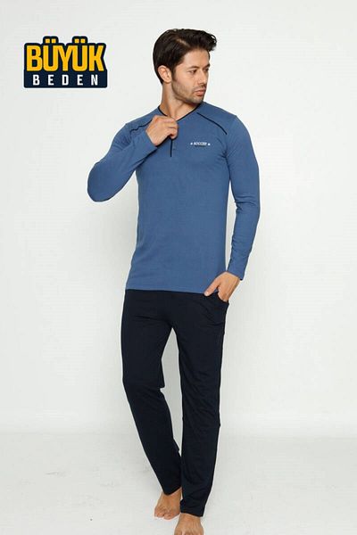 ALİMER Men's 3 Buttons Cotton Lycra Plus Size Long Sleeve Pajama Set with Pockets