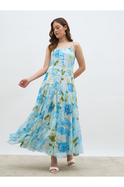 Styli Floral Print Strappy A-Line Maxi Dress