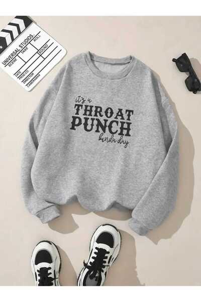 caddekombin Throat Punch Printed Crew Neck Gray Sweatshirt