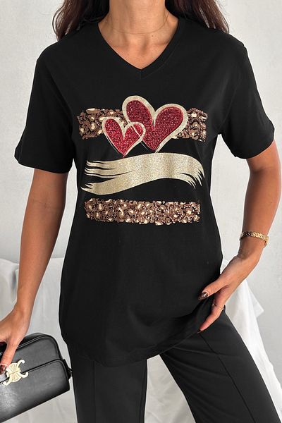 FEMELLE Women's Black Plus Size 100% Cotton V-Neck Heart Sequin Sequin Embroidered T-Shirt