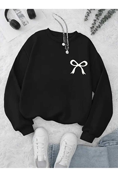 caddekombin Μαύρο φούτερ με λευκή κορδέλα με στάμπα στο στήθος και λαιμόκοψη ποδηλατικού τύπου