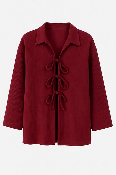 EDITION WOMAN Burgundy Muslin Natural Cotton Tie-Up Kimono Shirt