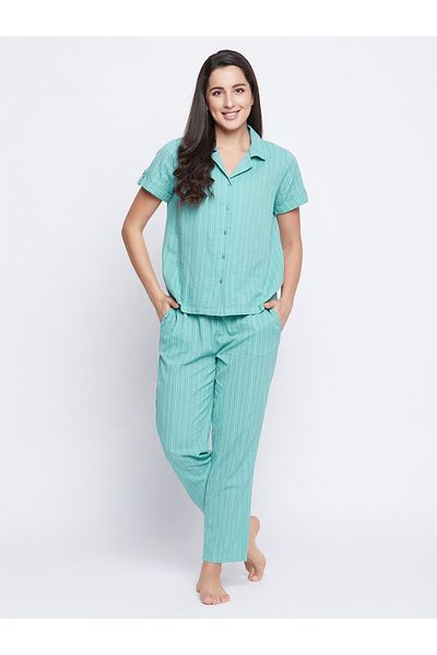 Clovia By Styli Striped Button Down Shirt and Pyjama Set