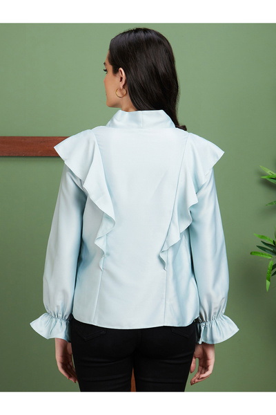 Globus By Styli Solid Satin Tie-Up Neck Ruffled Detail Top