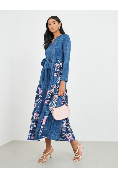 Styli Floral Print Long Sleeve V-Neck Belted Midi Dress
