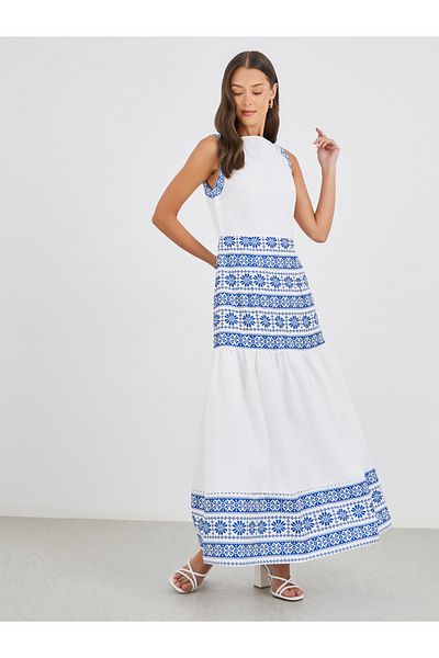 Styli Aztec Digital Print Sleeveless A-Line Maxi Dress