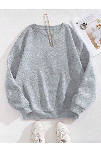 caddekombin Basic Crew Neck Gray Sweatshirt with Wool Inside