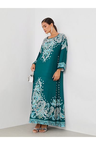 Styli Paisley Placement Print Round Neck Jalabiya