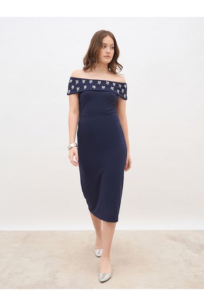 Styli Women Navy Blue Embellished Off-Shoulder Sheath Midi Dress