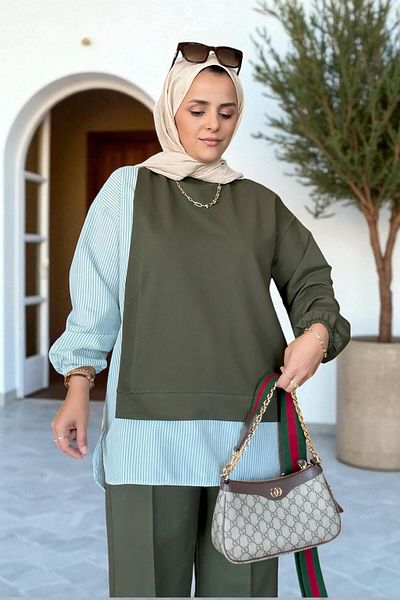 Aselim Hijap Moda Ριγέ πουκάμισο Λεπτομερές Τουνίκ Διπλό Σετ |   Πράσινο με μεγάλο πόδι και τουνίκ με τσέπες