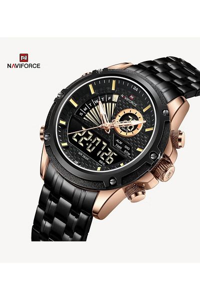 Naviforce Black and Rose Gold Stainless Steel Mens Watch Digital Analog Quartz Waterproof