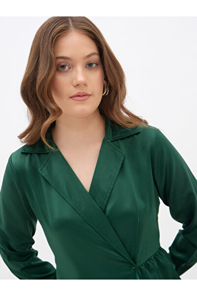 Styli Plain Satin Pleated Wrap Maxi Dress with Notch Lapel