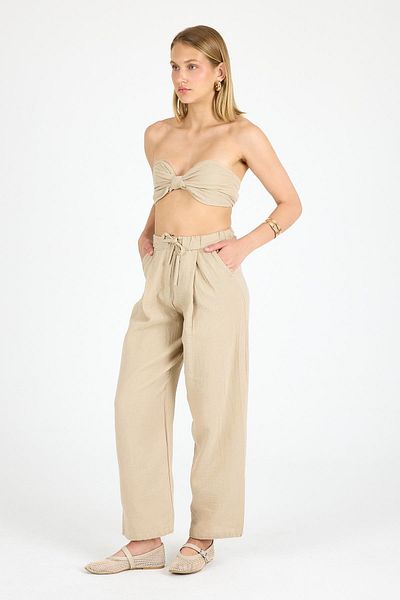 Polo State Women's High Waist Linen Fabric Trousers Beige