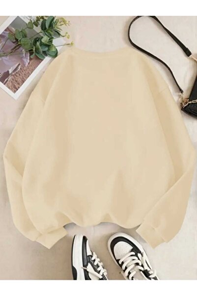 caddekombin Hanorac bej cu gât rotund cu imprimeu Auntie