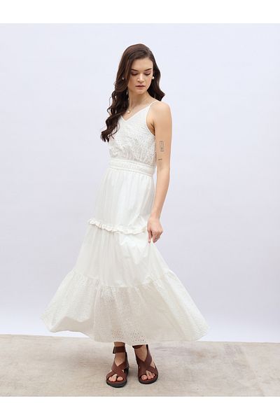 Styli Schiffli Strappy Tiered Maxi Dress with Ruffle Trim