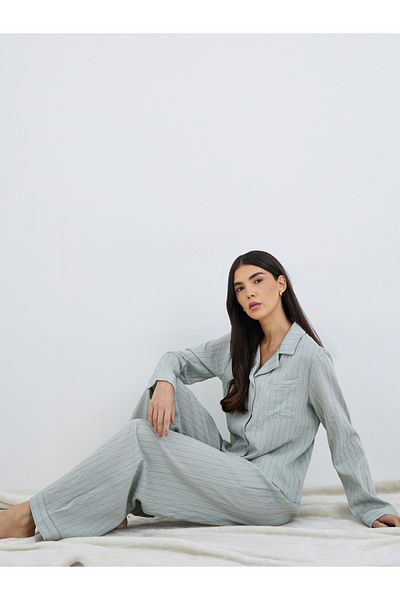 Styli Textured Buttoned Striped Shirt and Pyjama Set