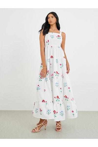 Styli Floral Print Strappy A-Line Tiered Maxi Dress