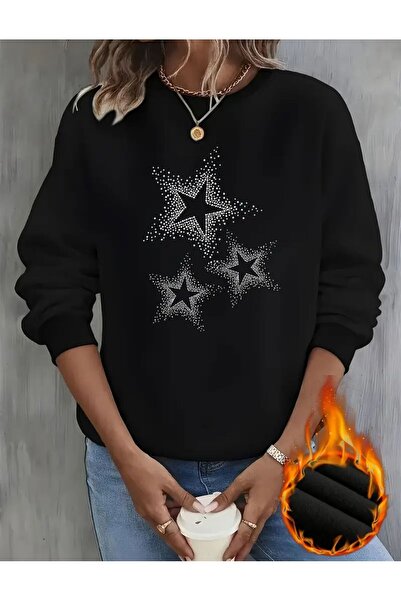 caddekombin Μαύρο φούτερ με λαιμόκοψη με στάμπα τριών αστέρων