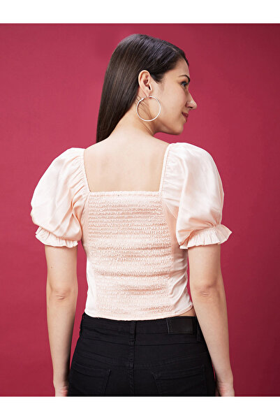 Globus By Styli Square Neck Puff Sleeves Smocked Detail Crop Top