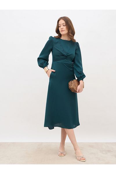Styli Women Teal Plain Satin Knot Front Balloon Sleeves A-Line Midi Dress