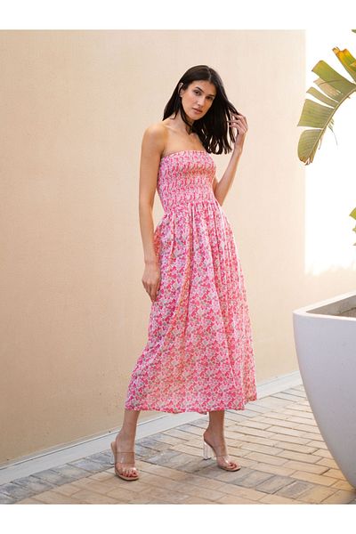 Sanskrutihomes By Styli Smocked Detail Bandeau Neck Printed Midi Dress