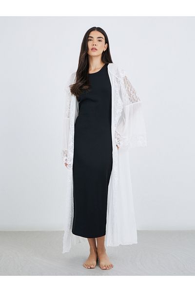 Styli Hooded Mesh and Lace Detail Maxi Robe