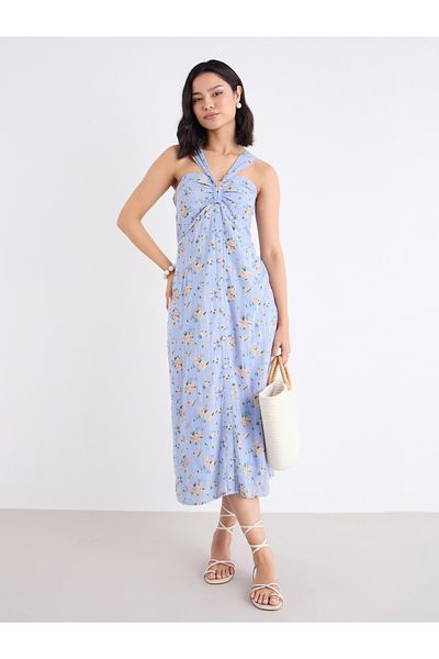 Styli Floral Print Halter Neck Sleeveless Midi Dress