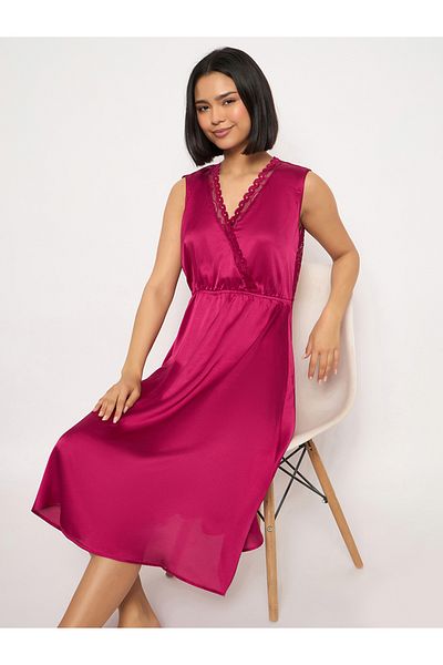 Clovia By Styli Solid Lace Detail Open Back Satin Nightdress
